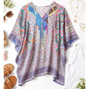 Tolani Mixed Print Caftan Tunic V-Neck Top Lagenlook Artsy Beach Womens Lg NWT